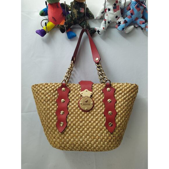 Michael Kors Santorini Straw Corn Husk Leather Trim Turn Lock Tote Shoulder Bag - Picture 7 of 16